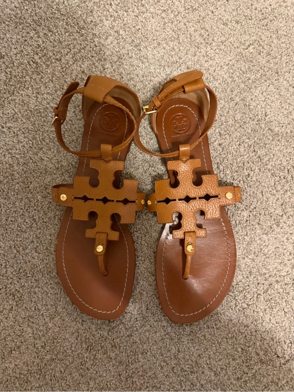 Tory Burch Cognac Leather Logo T-Strap Sandals